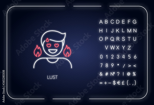 Lust neon light icon. Outer glowing effect. Passionate affection, strong sexual desire, lewdness sign with alphabet, numbers and symbols. Person feeling aroused vector isolated RGB color illustration