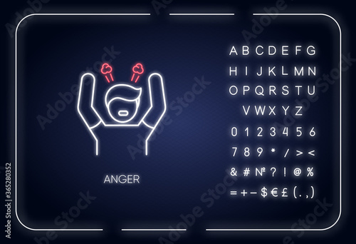 Anger neon light icon. Outer glowing effect. Negative emotion, bad mood sign with alphabet, numbers and symbols. Stress management problem. Angry person vector isolated RGB color illustration