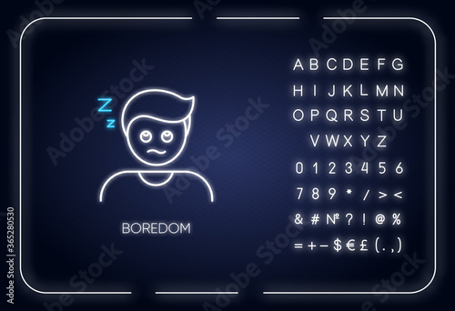 Boredom neon light icon. Outer glowing effect. Exhaustion, weariness, burnout sign with alphabet, numbers and symbols. Disinterested, bored, sleepy person vector isolated RGB color illustration