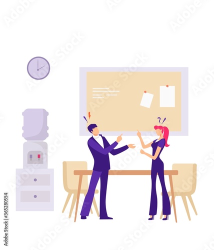 Conflict between office workers illustration. Negative attitude inteam nervous manager aggressively argues with employee gossip and discrimination in team bullying and vector hatred at work.