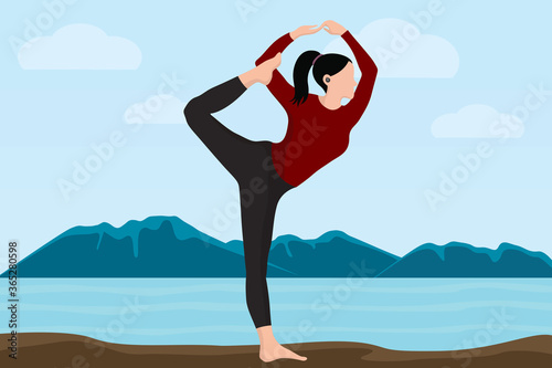 Girl practice Yoga at mountain lake. Healthy women. Vector illustration.