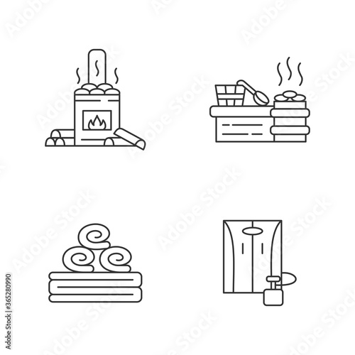 Modern saunas pixel perfect linear icons set. Bathhouse, vaporarium, bath towel and portable sauna customizable thin line contour symbols. Isolated vector outline illustrations. Editable stroke