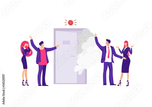 Fire in an office building illustration. Group of characters employees are standing in panic near an open door with smoke violation of fire safety at work red vector fire warning light.
