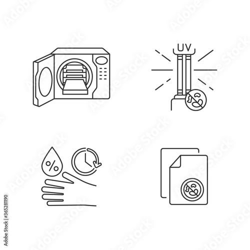 Disinfection equipment pixel perfect linear icons set. UV lamp, autoclave and antibacterial wipes customizable thin line contour symbols. Isolated vector outline illustrations. Editable stroke