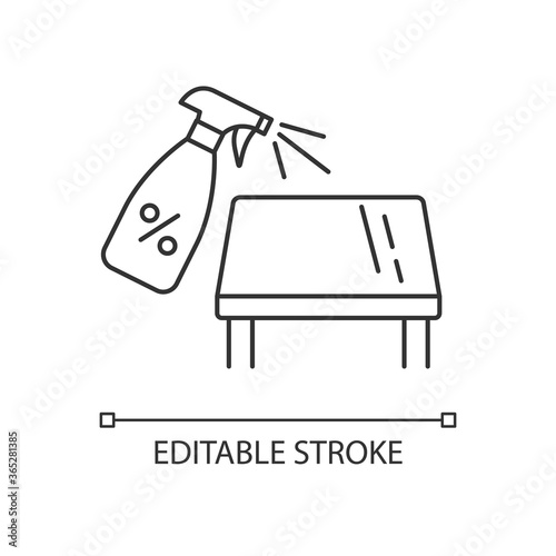 Tabletop cleaning pixel perfect linear icon. Surface cleaning thin line customizable illustration. Contour symbol. Table and sanitizer spray bottle vector isolated outline drawing. Editable stroke