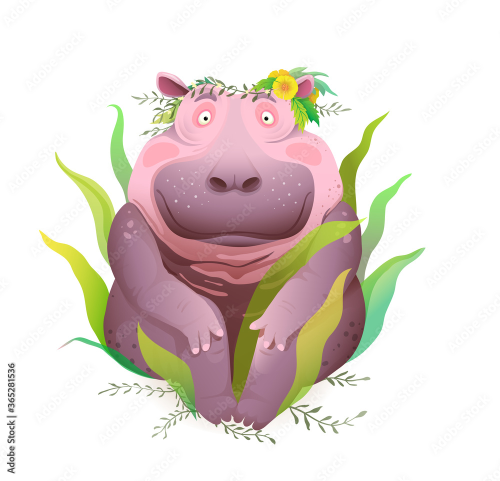 Body positive happy and smiling hippopotamus sitting in nature wearing flowers wreath on head. Cute happy hippo beautiful 3d realistic drawing t shirt prints and apparel design. Vector illustration.