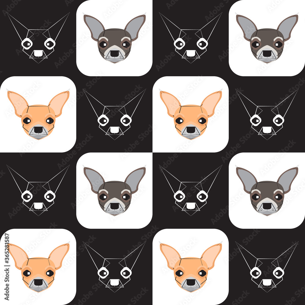 Dog seamless pattern, Chihuahua on black & white background, Dog icons. 