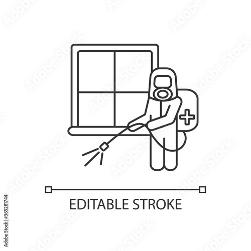 Room fumigation pixel perfect linear icon. Professional disinfection thin line customizable illustration. Contour symbol. Cleaner in hazmat suit vector isolated outline drawing. Editable stroke
