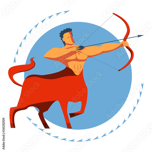 Colorful zodiac sign Sagittarius with depicting a half man, half horse with a bow and arrow. A man aims and pulls a bowstring. Illustration of an astrology sign. Vector flat design icon