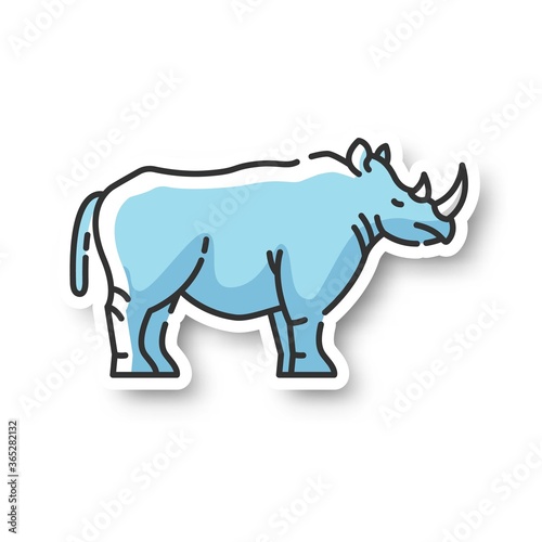 Rhinoceros patch. Exotic horned animal, african fauna. Tropical zoo mascot, endangered species. Zoology, safari RGB color printable sticker. Large rhino vector isolated illustration