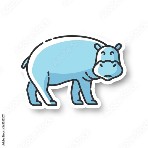 Hippo patch. Large exotic animal, african fauna, tropical semiaquatic mammal. Tropical zoo mascot, huge behemoth RGB color printable sticker. Hippopotamus vector isolated illustration