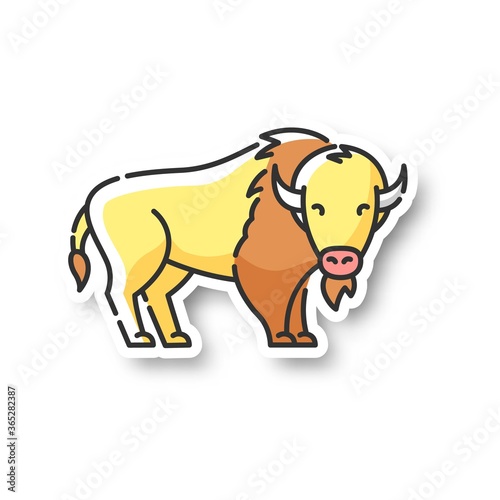 Bison patch. North American fauna, herbivore animal, endangered species. Cattle farm, domestic livestock RGB color printable sticker. Large buffalo vector isolated illustration