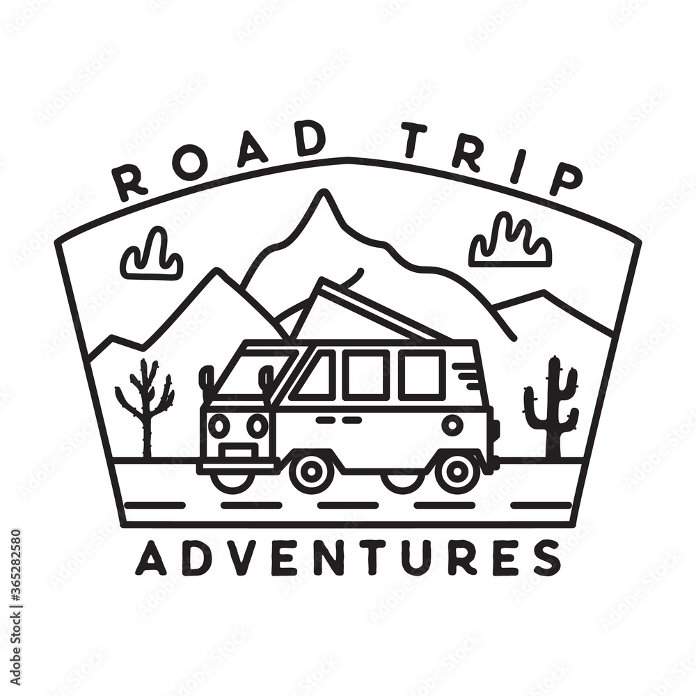 Obraz premium Vintage road trip journey badge illustration design. Outdoor emblem with RV, mountains and text - Road Trip adventures. Unusual linear style patch. Stock line art vector