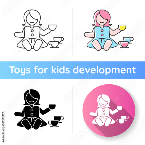 Pretend kitchenware icon. Baby doll with tea set. Toys for playing pretend game with children. Social skills development. Linear black and RGB color styles. Isolated vector illustrations