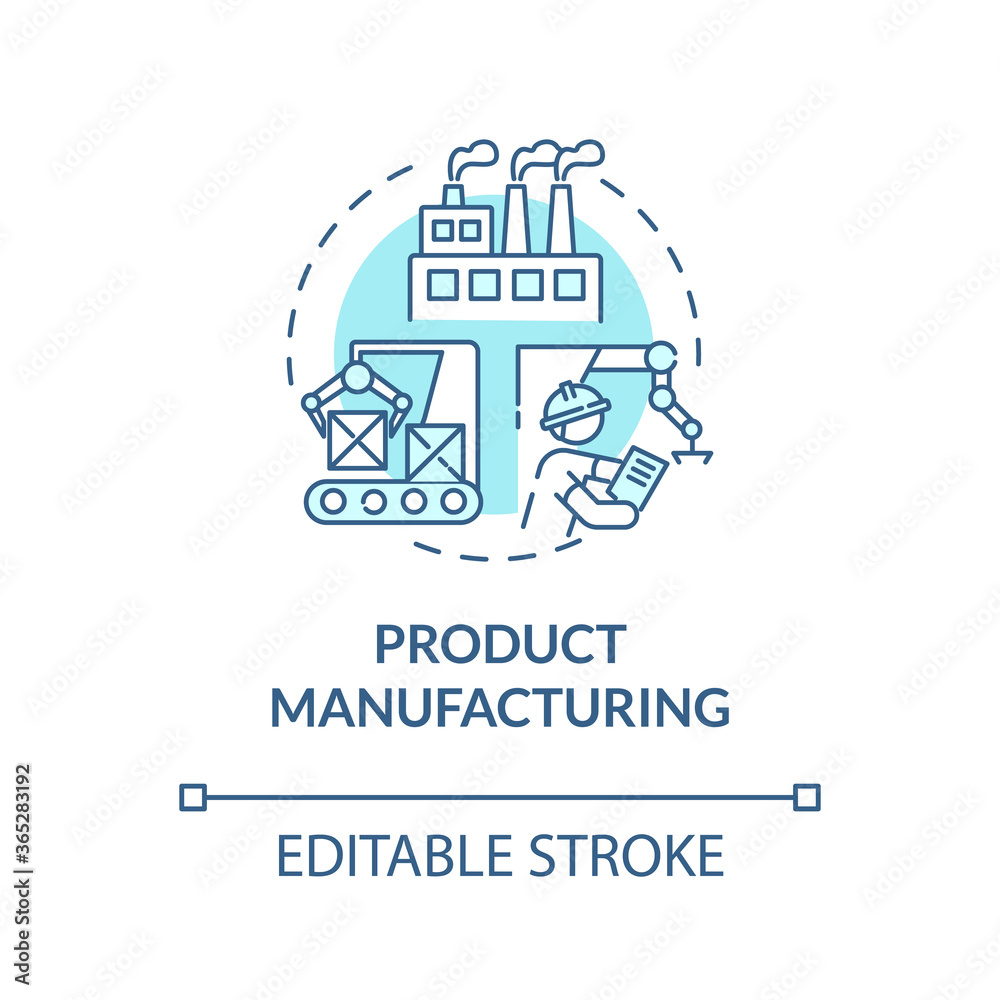 Product manufacturing turquoise concept icon. Factory development process. Conveyor operator. Product management idea thin line illustration. Vector isolated outline RGB color drawing. Editable stroke