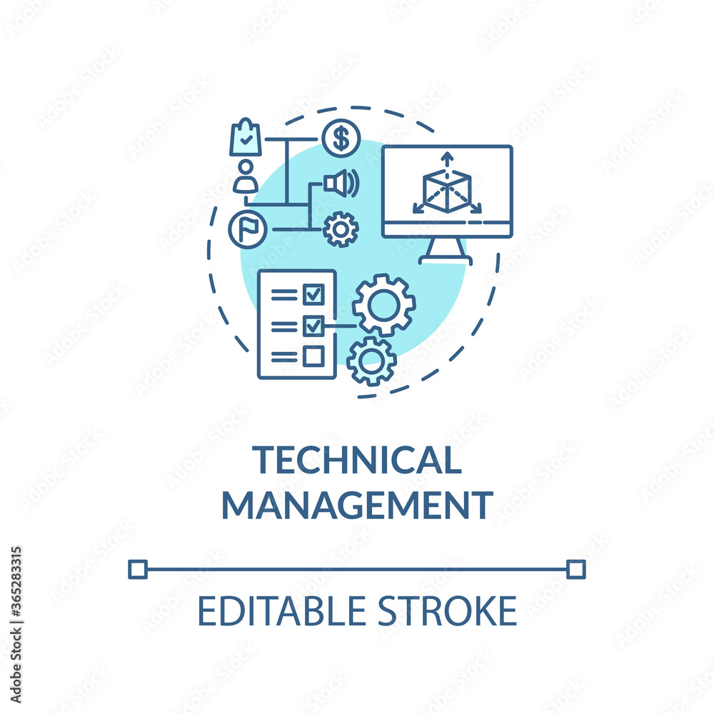 Technical management turquoise concept icon. Technology maintenance. Industrial modeling. Product management idea thin line illustration. Vector isolated outline RGB color drawing. Editable stroke