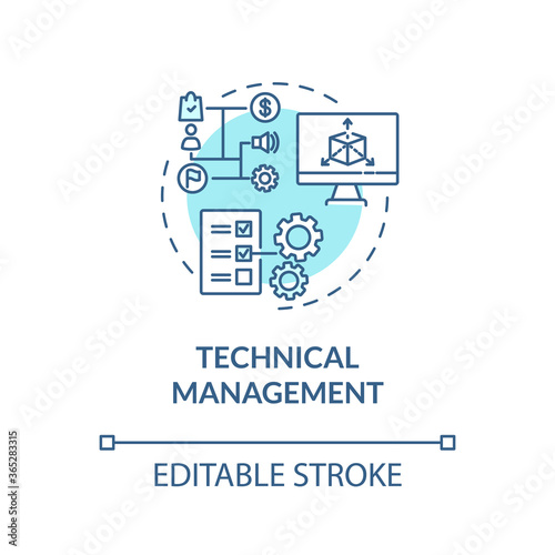 Technical management turquoise concept icon. Technology maintenance. Industrial modeling. Product management idea thin line illustration. Vector isolated outline RGB color drawing. Editable stroke