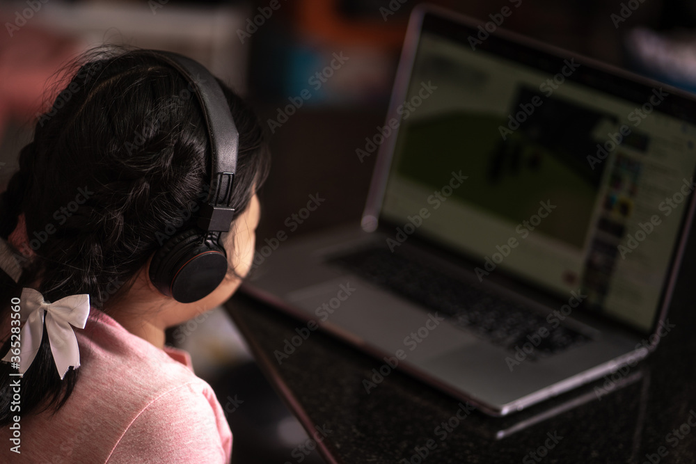 Fototapeta premium Girls are learning through the internet at home.