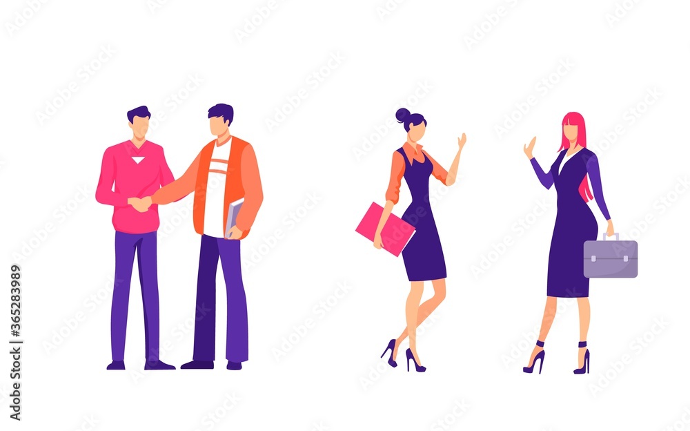Office greetings to employees illustration. Female and male characters congratulate each other on implementation of business plan successful deadline financial flat growth of vector company.