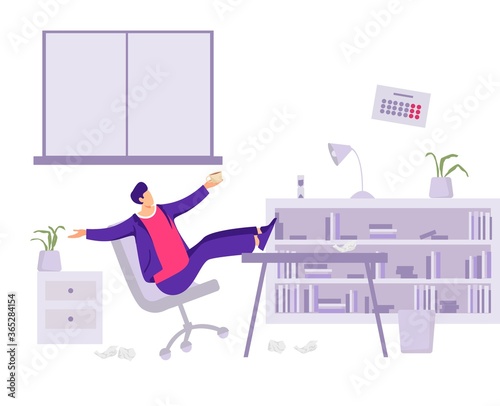 Worker loafer in office illustration. Male character lounges while working mediocre employee who does not fulfill companys plan poor deadline conditions unproductive vector activity.