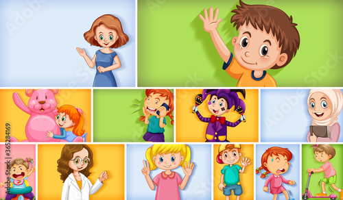 Set of different kid characters on different color background
