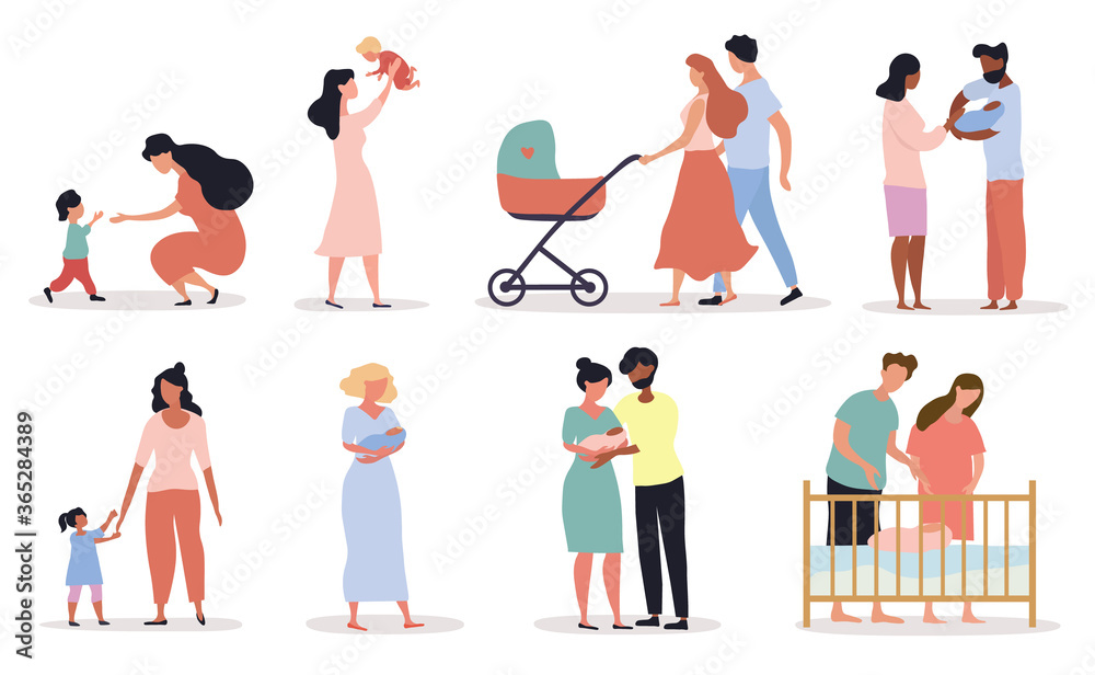 Fototapeta premium Eight different scenes depicting Motherhood showing parents with babies and mothers with kids, colored vector illustration
