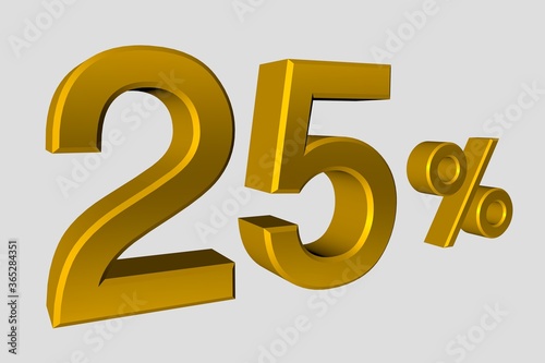 The inscription is 25 of realistic 3D numbers in gold metalic color. Illustration of a twenty five percent discount or sale for advertising poster, banner advertising and more. 3d rendering, isolated