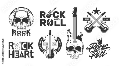 Rock and roll logos set with skull. Labels with lettering style. Music festival design labels.