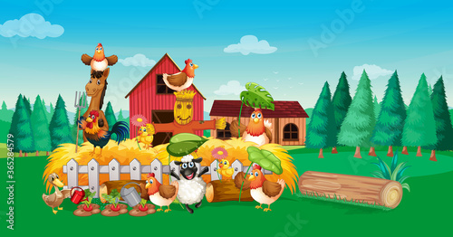 Farm scene with animal farm cartoon style