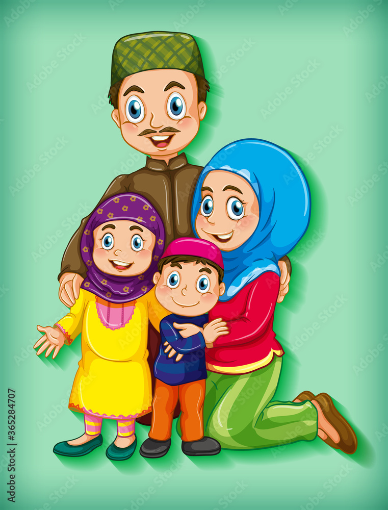 Muslim family member on cartoon character colour gradient background Muslim family member on cartoon character colour gradient background