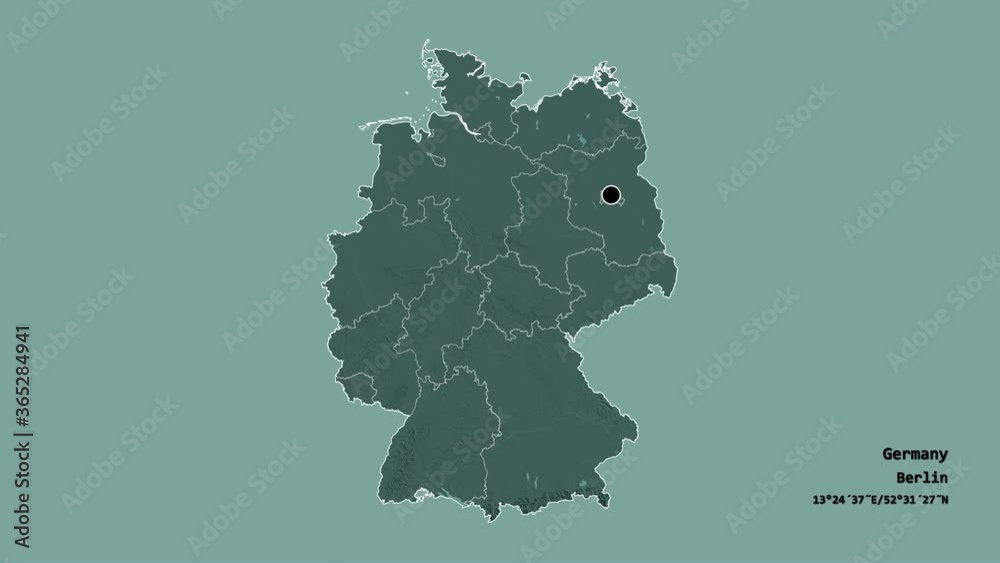 Nordrhein-Westfalen, state of Germany, with its capital, localized, outlined and zoomed with informative overlays on a administrative map in the Stereographic projection. Animation 3D Nordrhein-Westfalen, state of Germany, with its capital, localized, outlined and zoomed with informative overlays on a administrative map in the Stereographic projection. Animation 3D
