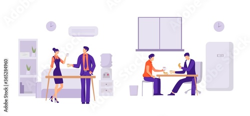 Coworkers lunch in office illustration. Employees of company have breakfast in dining room of company having snack before further execution of plan rest and relaxation after intense vector work.