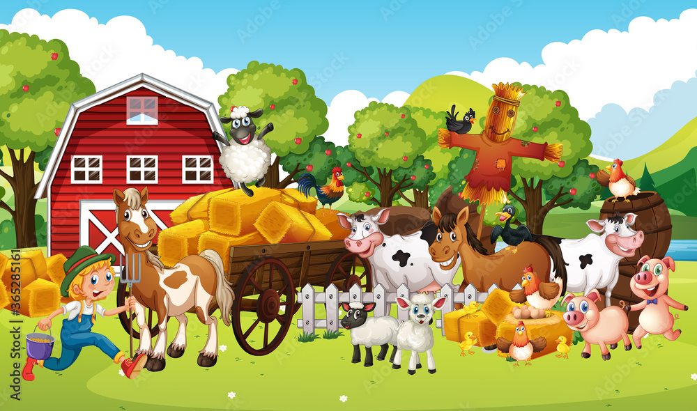 Naklejka premium Farm in nature scene with horse drawn vehical and animal farm