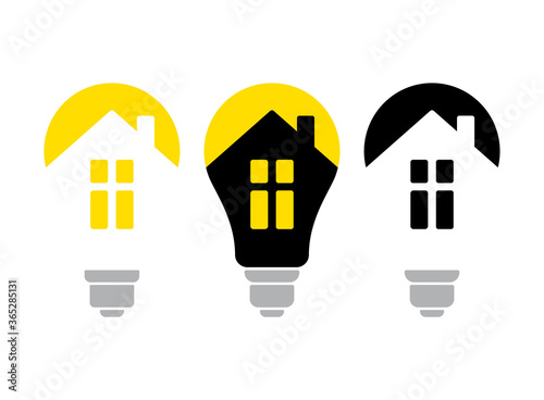Vector sign of home communications. Set of images of the filament lamp and the house inside on a white background. Logo for light bulb manufacturers. Logo for smart home.