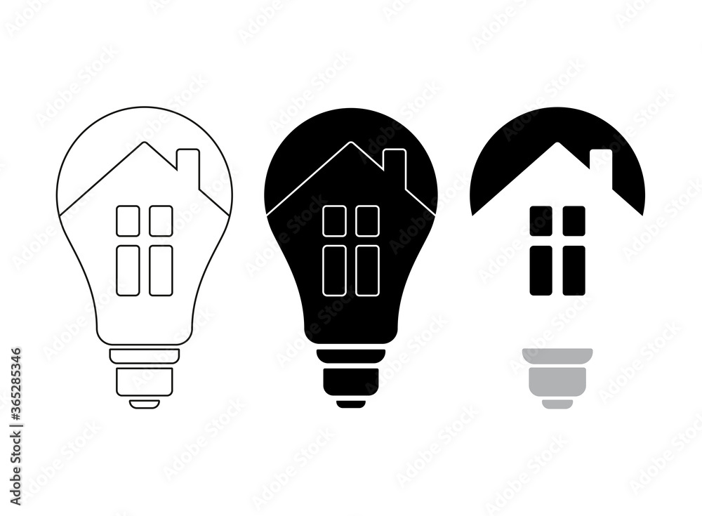 Vector sign of home communications. Set of images of the filament lamp and the house inside on a white background. Logo for light bulb manufacturers. Logo for smart home. Vector sign of home communications. Set of images of the filament lamp and the house inside on a white background. Logo for light bulb manufacturers. Logo for smart home.