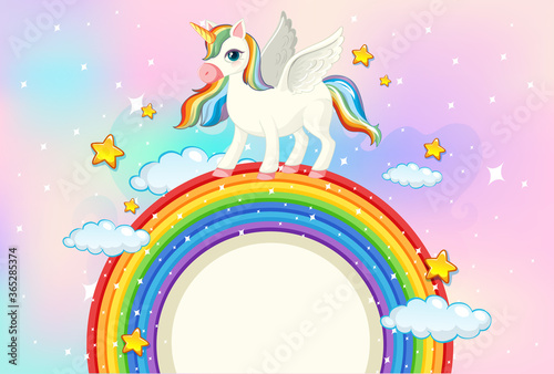 Blank banner with cute unicorn in the pastel sky background