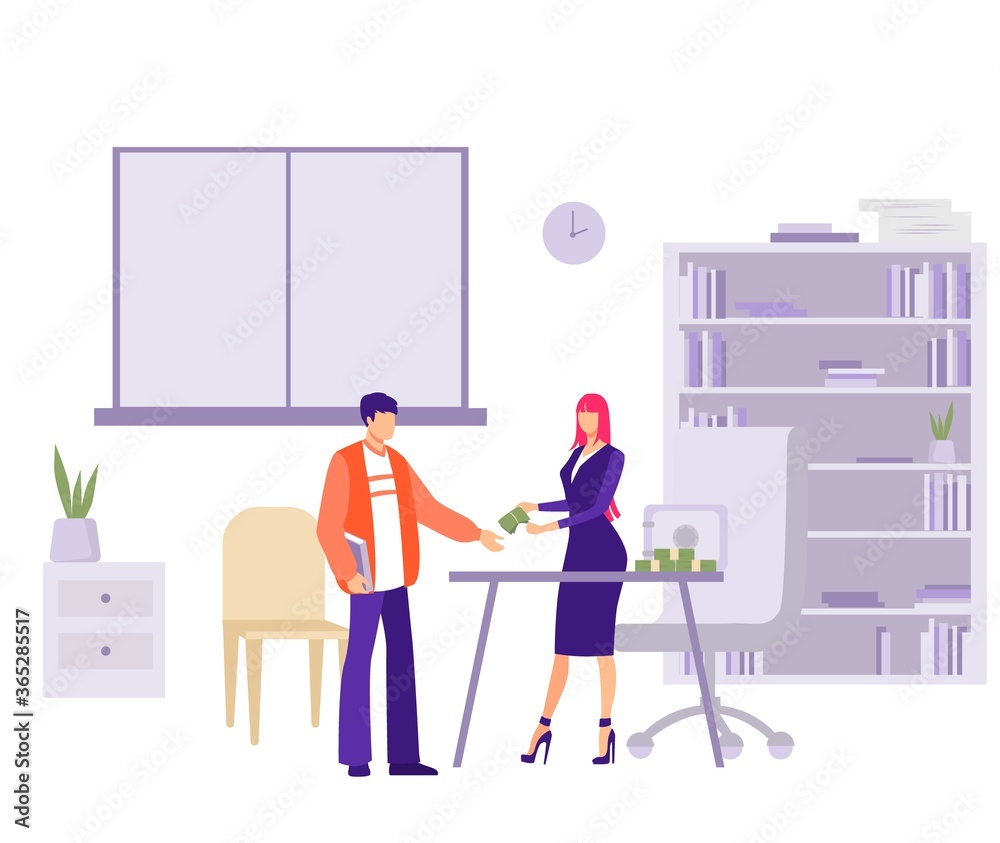 Salary issue in office illustration. Female character accountant gives bundle of money to an employee company payment of premiums and overtime for processing hours vector flat payment.