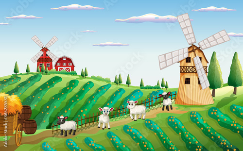 Farm scene in nature with windmill and sheeps