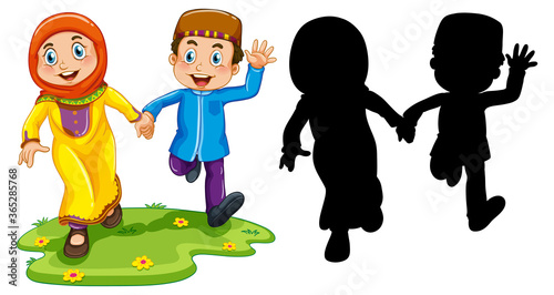 Arab muslim boy and girl in traditional clothing in color and silhouette isolated on white background