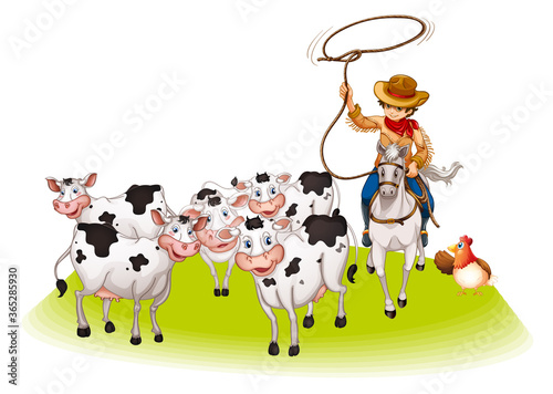 Group of domestic animals with cowboy isolated