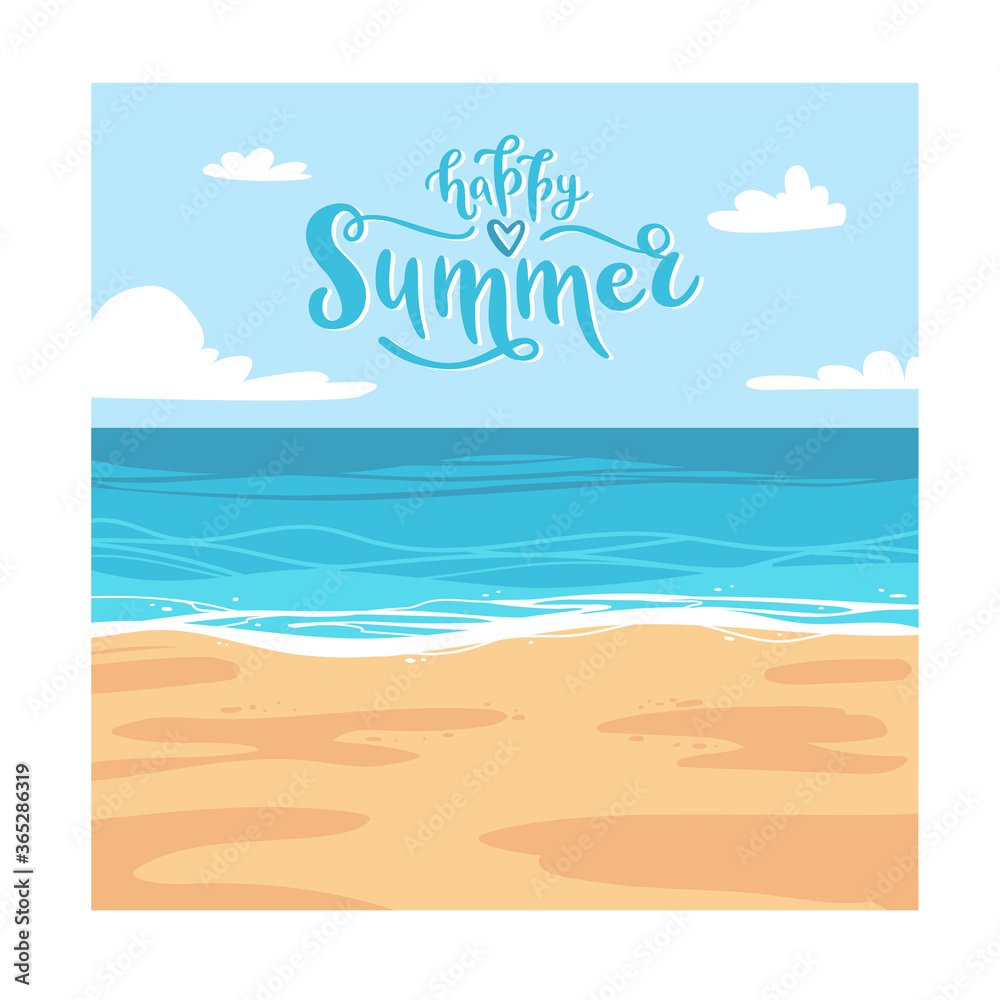 Happy summer hand lettering with sunny beach view on background. Flat cartoon vector illustration. Vacation and travel concept. Design for card, poster, social media, web banner or print.
