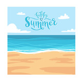 Happy summer hand lettering with sunny beach view on background. Flat cartoon vector illustration. Vacation and travel concept. Design for card, poster, social media, web banner or print.