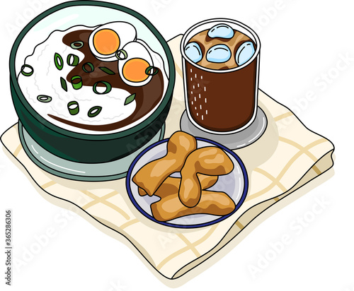 Cartoon of healthy rice congee serve with deep-fried dough stick and iced black caramel coffee, breakfast set. Simple cute hand draw line vector and minimal icons flat style character illustration.
