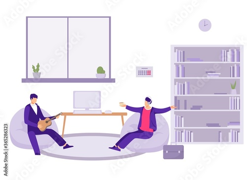 Break in office work illustration. Time for relaxation and rest at workplace flat сompany employees taking break during day colleagues drinking coffee playing vector guitar in lounge area.