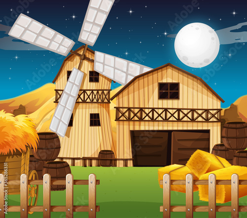 Farm scene with barn and mill at night