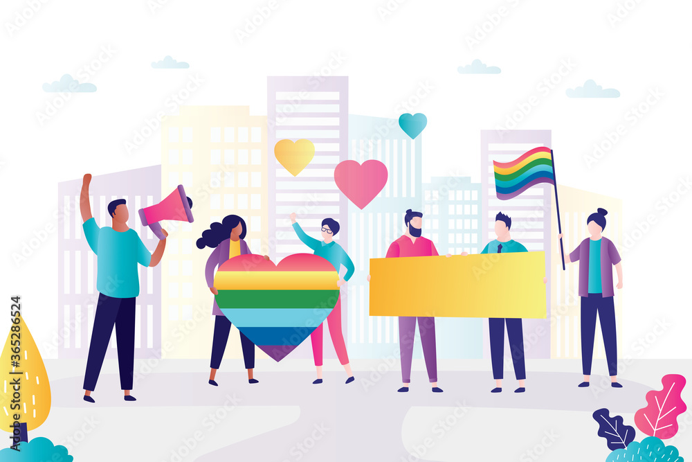 Interracial group of gay, lesbian activists participaеу in lgbtq parade or protest. Concept of homosexual people and struggle equal human rights