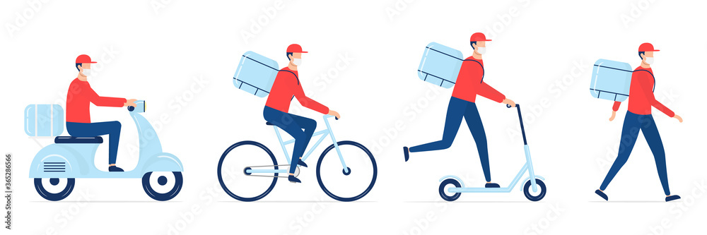 Online delivery service set. Scooter, bicycle courier and delivery man in respiratory mask. Delivery home and office collection. Fast and free delivery service. Vector illustration isolated on white. Online delivery service set. Scooter, bicycle courier and delivery man in respiratory mask. Delivery home and office collection. Fast and free delivery service. Vector illustration isolated on white.