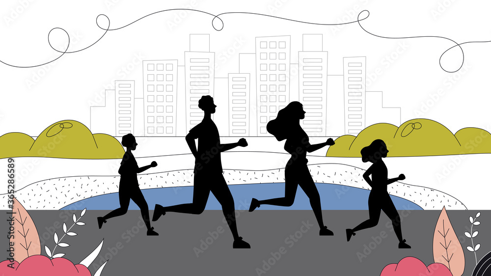Concept Of Sport, Leading Healthy Lifestyle. Family Running Marathon Together In Park. Father, Mother, Son And Daughter Silhouettes Jogging And Exercising Outdoors. Cartoon Flat Vector Illustration