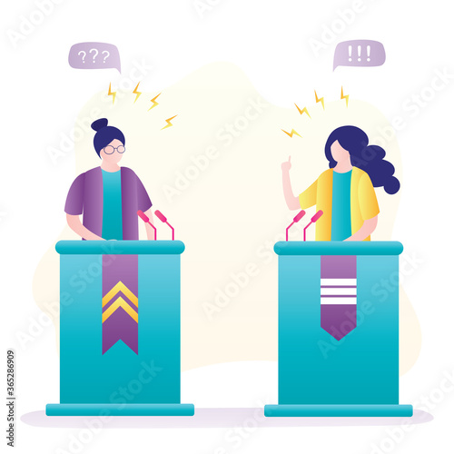 Debate, two woman speakers. Political speeches, debates, rhetoric. Female politicians speak emotionally. People on podium speak