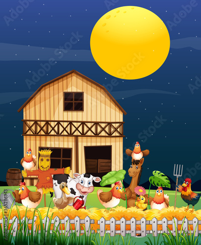 Farm scene with animal farm at night cartoon style